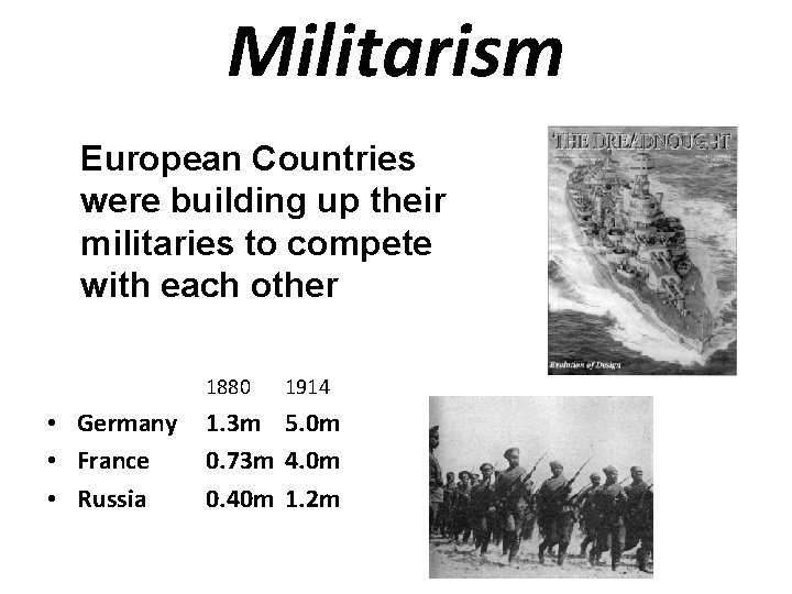 Militarism European Countries were building up their militaries to compete with each other 1880