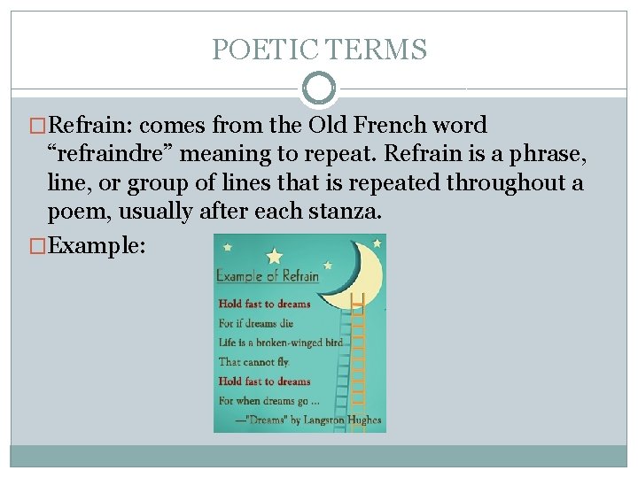 POETIC TERMS �Refrain: comes from the Old French word “refraindre” meaning to repeat. Refrain