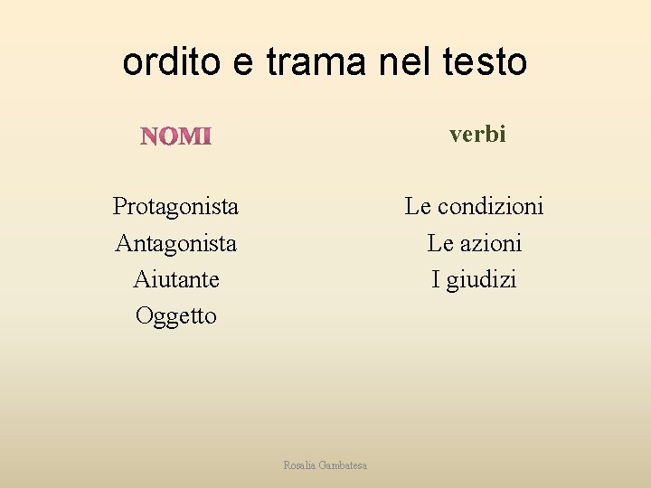 ordito e trama nel testo verbi Protagonista Antagonista Aiutante Oggetto Le condizioni Le azioni