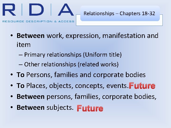 Relationships – Chapters 18 -32 • Between work, expression, manifestation and item – Primary
