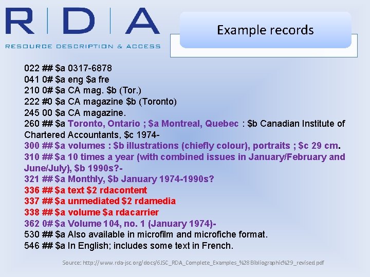 Example records 022 ## $a 0317 -6878 041 0# $a eng $a fre 210
