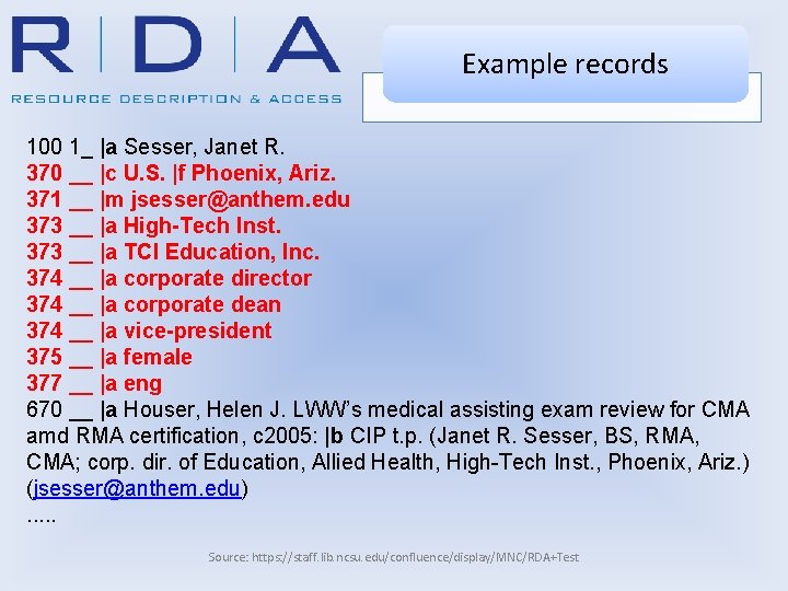 Example records 100 1_ |a Sesser, Janet R. 370 __ |c U. S. |f