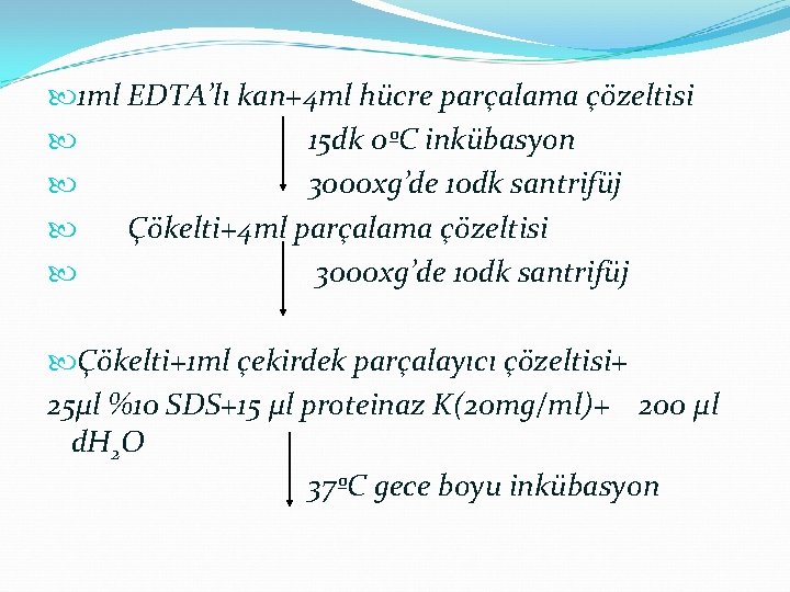  1 ml EDTA’lı kan+4 ml hücre parçalama çözeltisi 15 dk 0ºC inkübasyon 3000