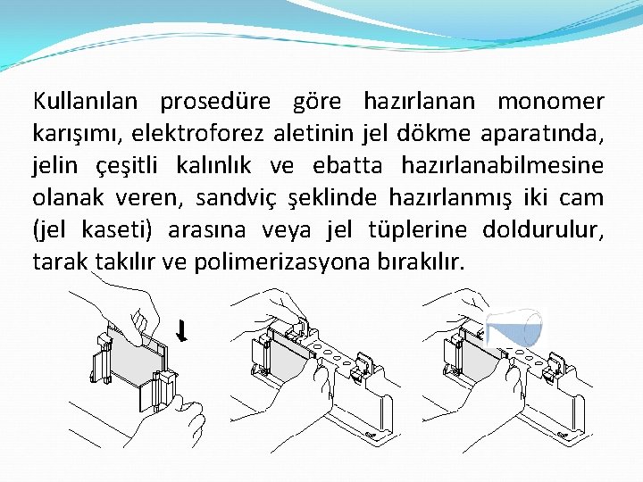 Kullanılan prosedüre göre hazırlanan monomer karışımı, elektroforez aletinin jel dökme aparatında, jelin çeşitli kalınlık