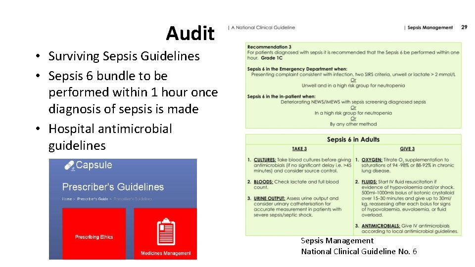Audit standards • Surviving Sepsis Guidelines • Sepsis 6 bundle to be performed within