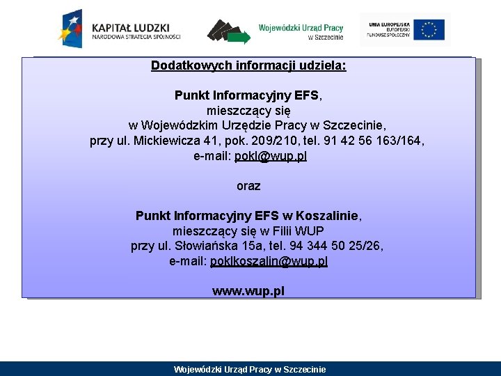 Dodatkowych informacji udziela: Punkt Informacyjny EFS, mieszczący się w Wojewódzkim Urzędzie Pracy w Szczecinie,