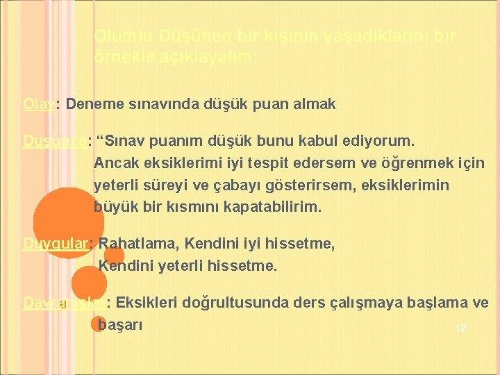 Olumlu Düşünen bir kişinin yaşadıklarını bir örnekle açıklayalım; Olay: Deneme sınavında düşük puan almak