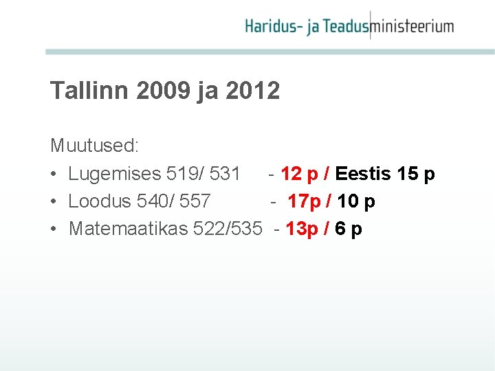 Tallinn 2009 ja 2012 Muutused: • Lugemises 519/ 531 - 12 p / Eestis