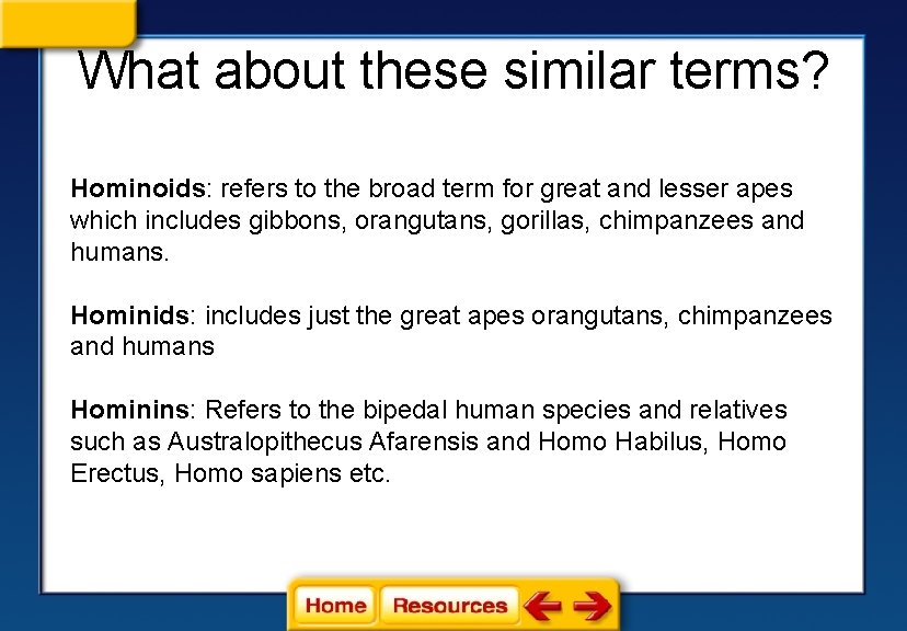 What about these similar terms? Hominoids: refers to the broad term for great and