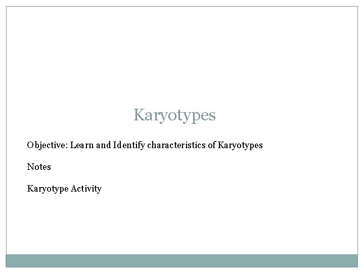 Karyotypes Objective: Learn and Identify characteristics of Karyotypes Notes Karyotype Activity 