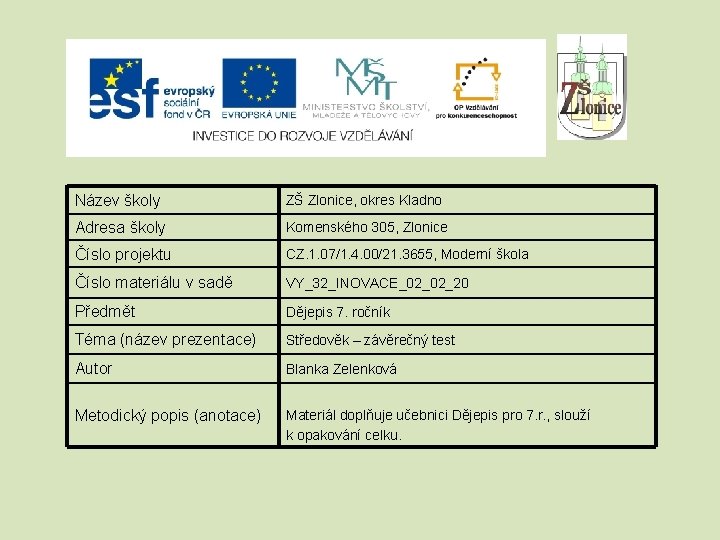 Název školy ZŠ Zlonice, okres Kladno Adresa školy Komenského 305, Zlonice Číslo projektu CZ.