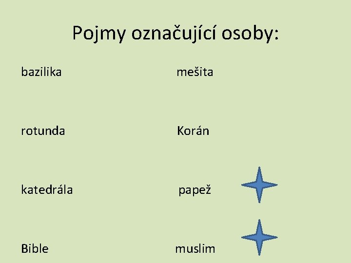 Pojmy označující osoby: bazilika mešita rotunda Korán katedrála papež Bible muslim 