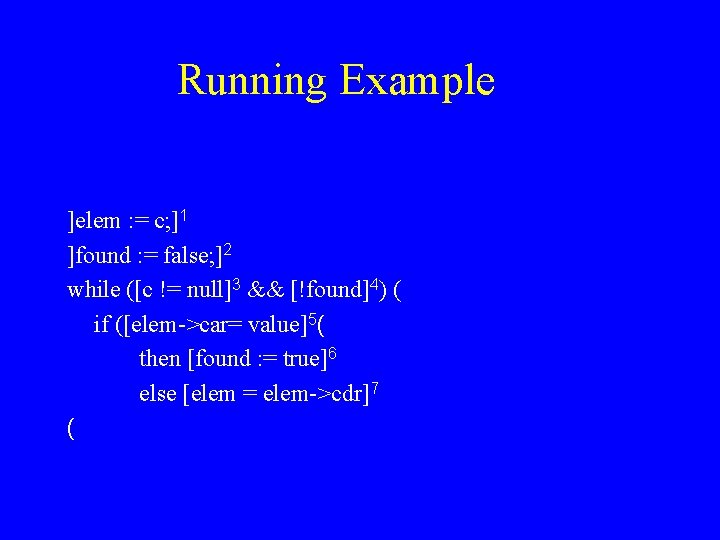 Running Example ]elem : = c; ]1 ]found : = false; ]2 while ([c