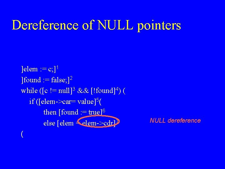 Dereference of NULL pointers ]elem : = c; ]1 ]found : = false; ]2
