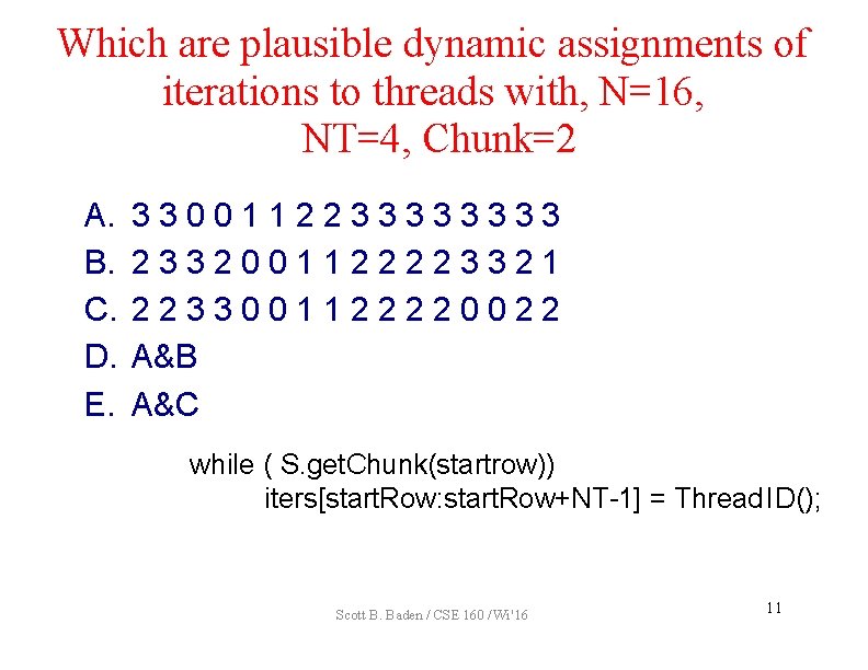 Which are plausible dynamic assignments of iterations to threads with, N=16, NT=4, Chunk=2 A.