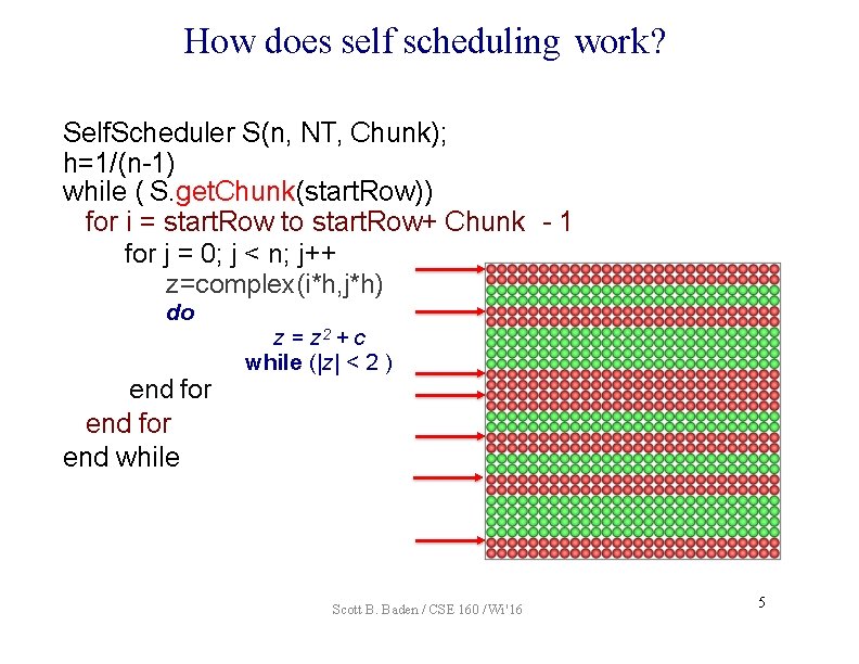How does self scheduling work? Self. Scheduler S(n, NT, Chunk); h=1/(n-1) while ( S.