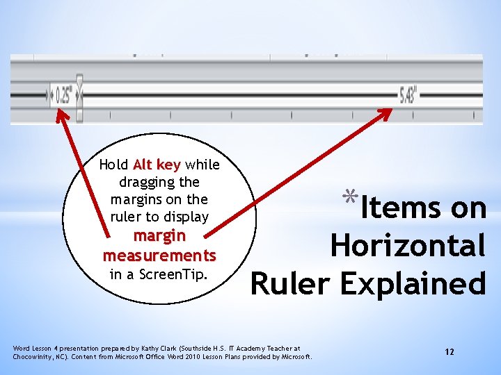 Hold Alt key while dragging the margins on the ruler to display margin measurements