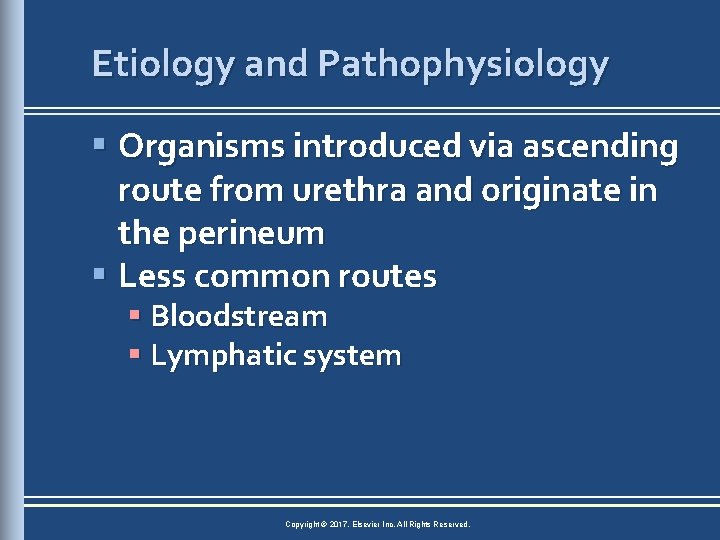 Etiology and Pathophysiology § Organisms introduced via ascending route from urethra and originate in