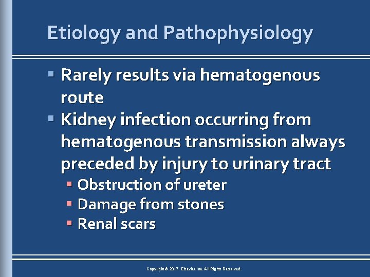 Etiology and Pathophysiology § Rarely results via hematogenous route § Kidney infection occurring from