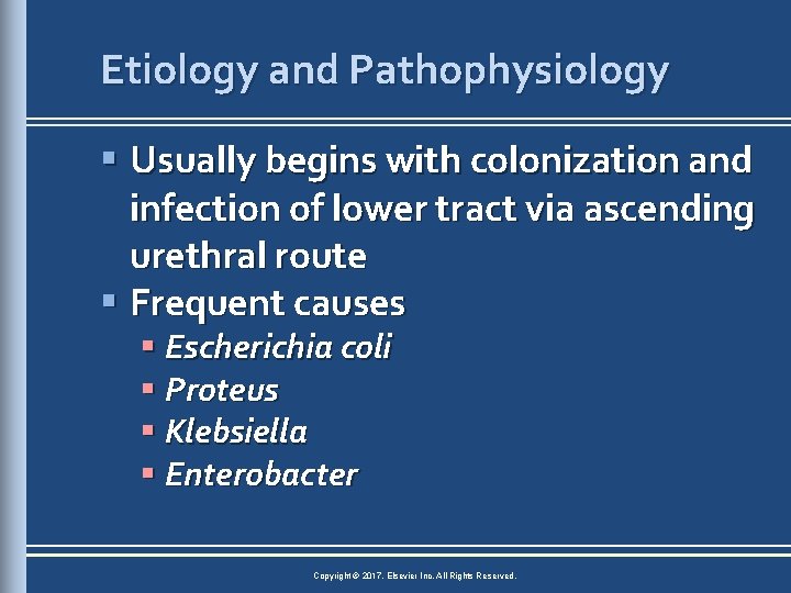 Etiology and Pathophysiology § Usually begins with colonization and infection of lower tract via