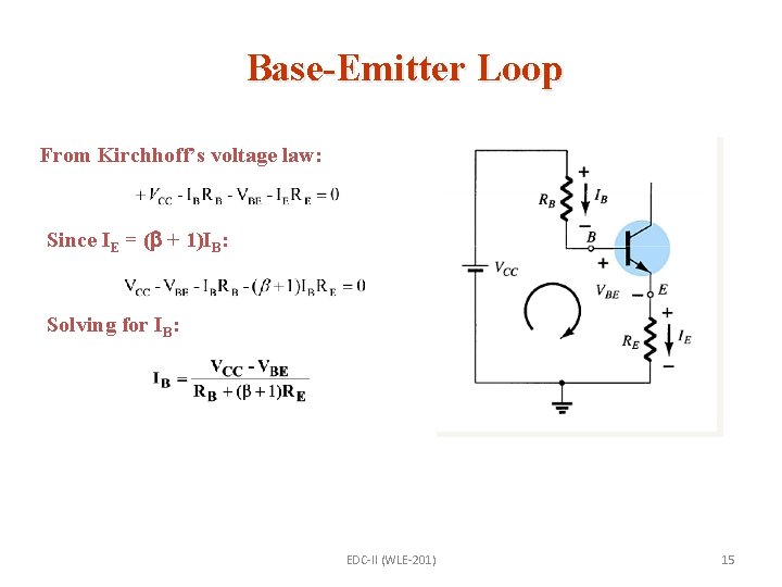Base-Emitter Loop From Kirchhoff’s voltage law: Since IE = ( + 1)IB: Solving for