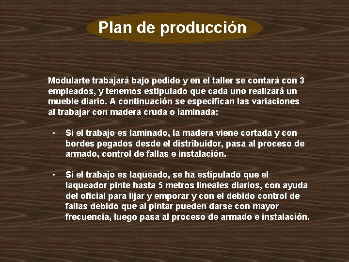 Plan de producción Modularte trabajará bajo pedido y en el taller se contará con