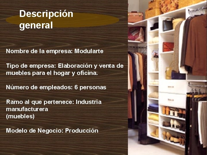 Descripción general Nombre de la empresa: Modularte Tipo de empresa: Elaboración y venta de