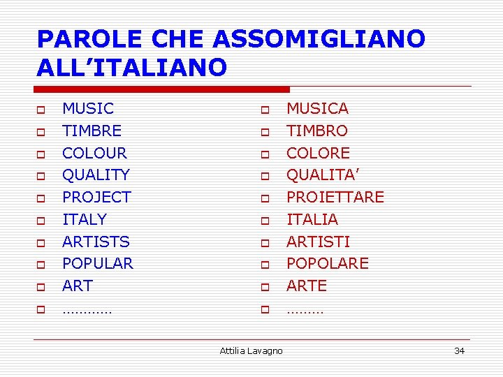 PAROLE CHE ASSOMIGLIANO ALL’ITALIANO o o o o o MUSIC TIMBRE COLOUR QUALITY PROJECT