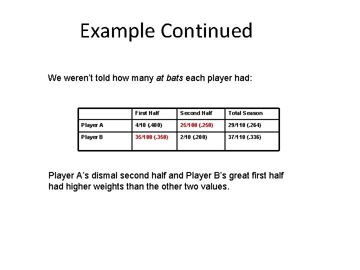 Example Continued We weren’t told how many at bats each player had: First Half