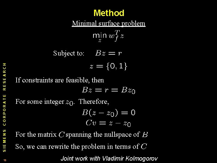 Method Minimal surface problem SIEMENS CORPORATE RESEARCH Subject to: 19 If constraints are feasible, Method Minimal surface problem SIEMENS CORPORATE RESEARCH Subject to: 19 If constraints are feasible,