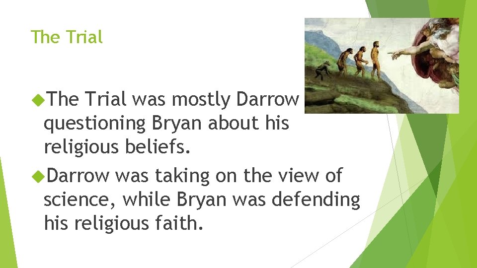 The Trial was mostly Darrow questioning Bryan about his religious beliefs. Darrow was taking