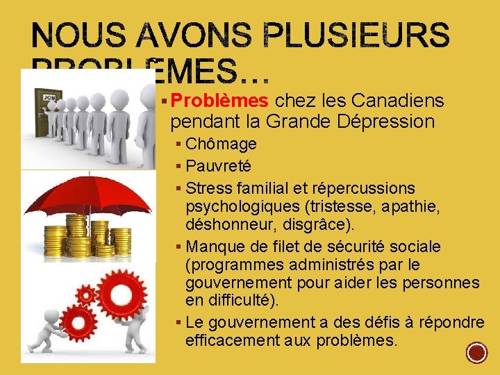 § Problèmes chez les Canadiens pendant la Grande Dépression § Chômage § Pauvreté §