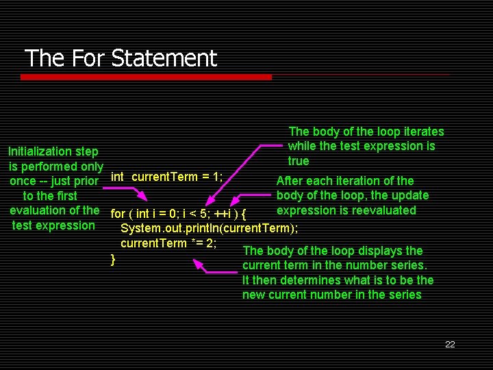 The For Statement The body of the loop iterates while the test expression is