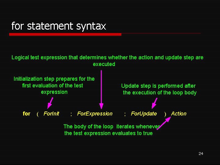 for statement syntax Logical test expression that determines whether the action and update step