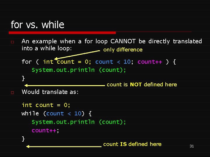 for vs. while o An example when a for loop CANNOT be directly translated