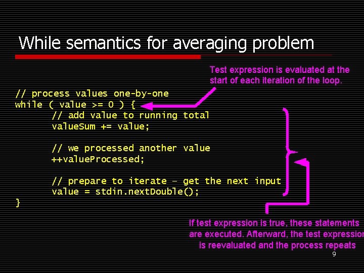 While semantics for averaging problem Test expression is evaluated at the start of each