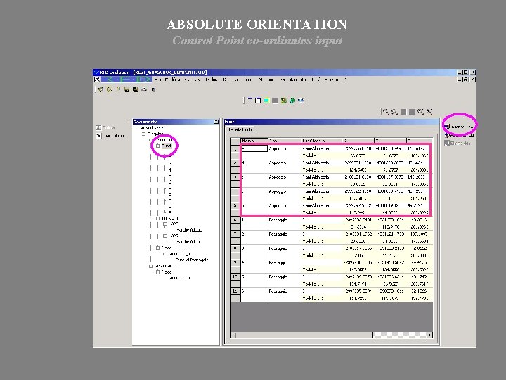 ABSOLUTE ORIENTATION Control Point co-ordinates input 
