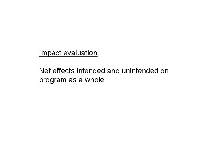 Impact evaluation Net effects intended and unintended on program as a whole 