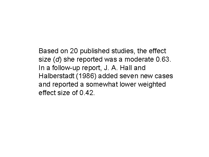 Based on 20 published studies, the effect size (d) she reported was a moderate