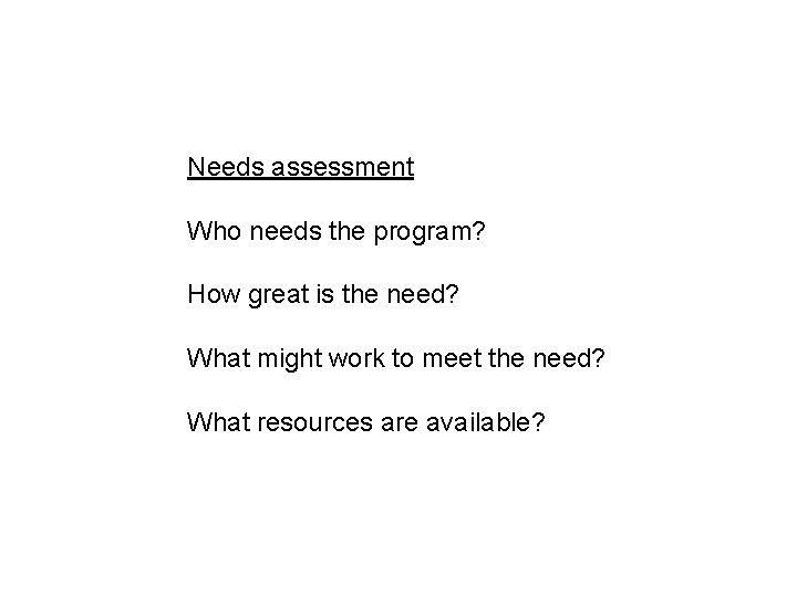 Needs assessment Who needs the program? How great is the need? What might work