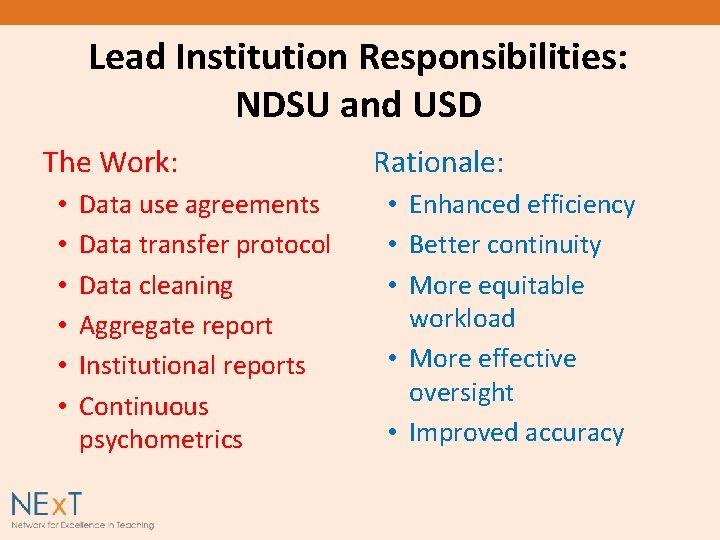Lead Institution Responsibilities: NDSU and USD The Work: • • • Data use agreements
