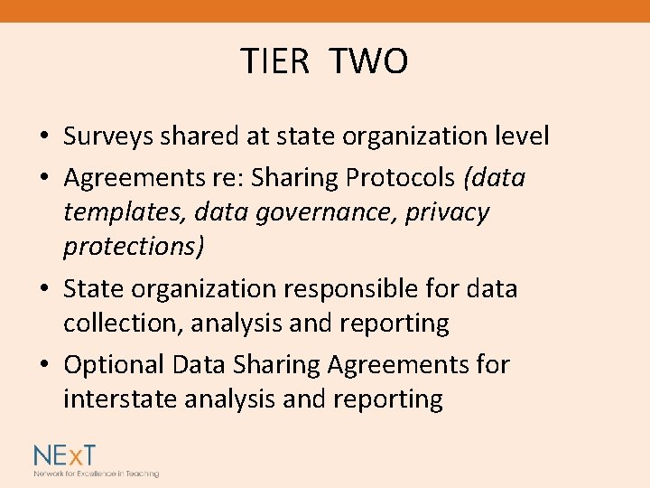 TIER TWO • Surveys shared at state organization level • Agreements re: Sharing Protocols
