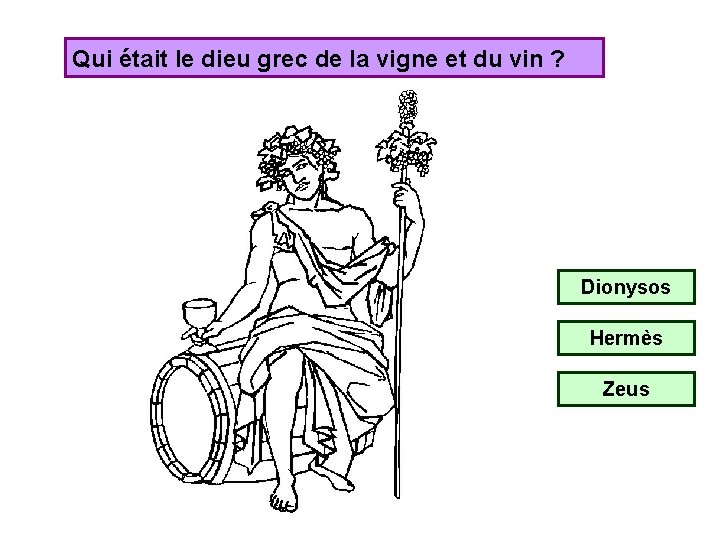 Qui était le dieu grec de la vigne et du vin ? Dionysos Hermès
