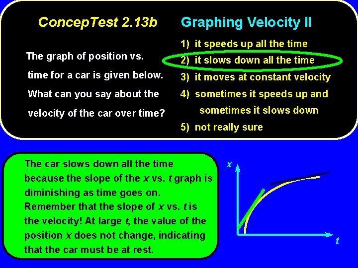 Concep. Test 2. 13 b Graphing Velocity II 1) it speeds up all the