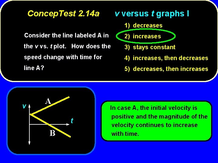 Concep. Test 2. 14 a v versus t graphs I 1) decreases Consider the