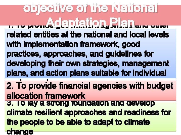 objective of the National Adaptation Planand other 1. To provide government agencies related entities