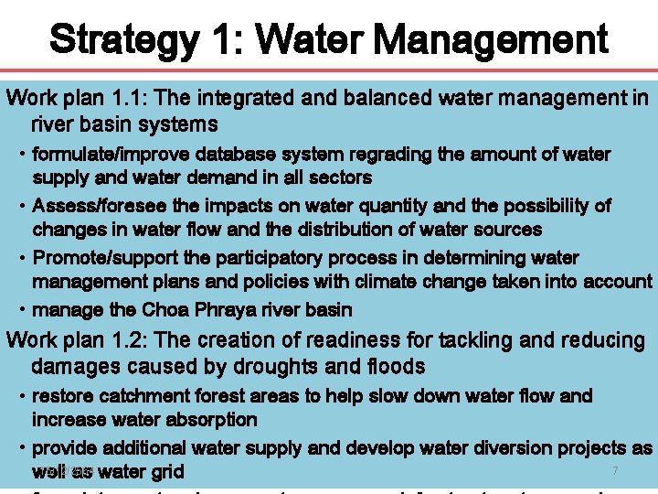 Strategy 1: Water Management Work plan 1. 1: The integrated and balanced water management