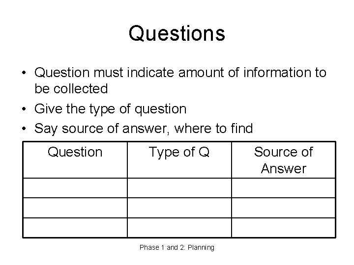 Questions • Question must indicate amount of information to be collected • Give the