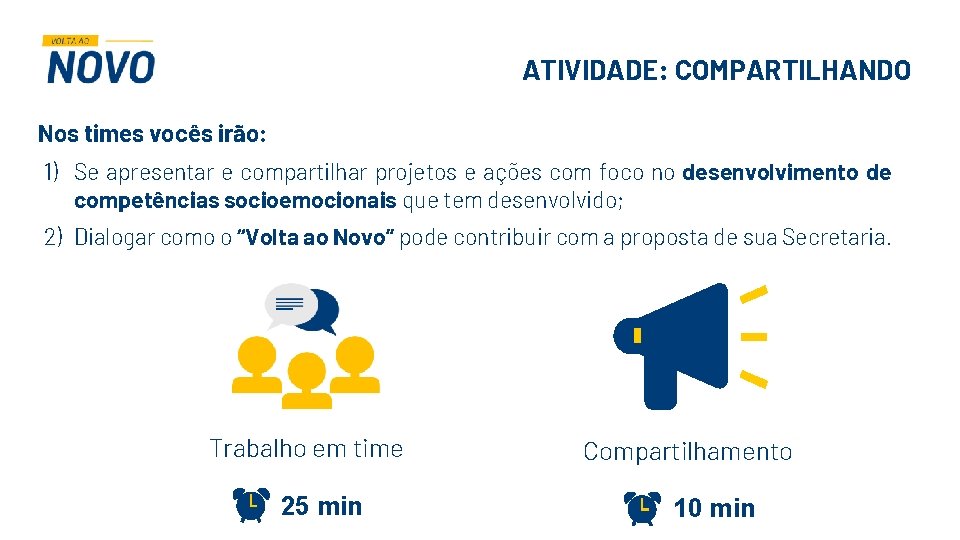 ATIVIDADE: COMPARTILHANDO Nos times vocês irão: 1) Se apresentar e compartilhar projetos e ações