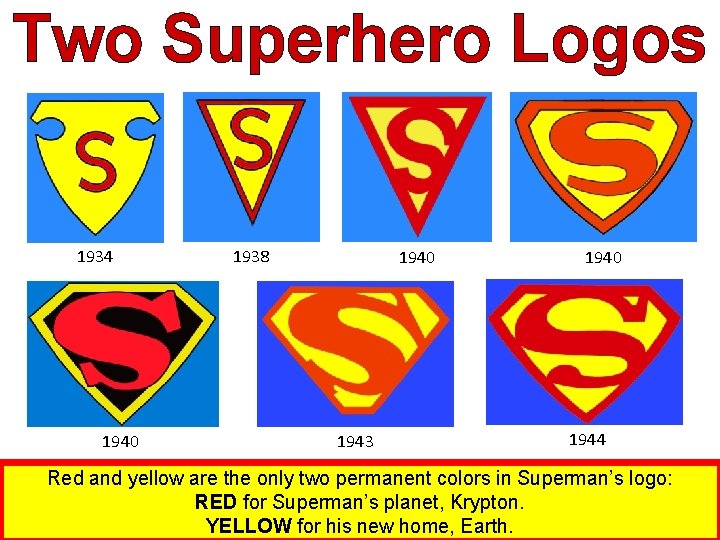 Two Superhero Logos 1934 1940 1938 1940 1943 1940 1944 Red and yellow are